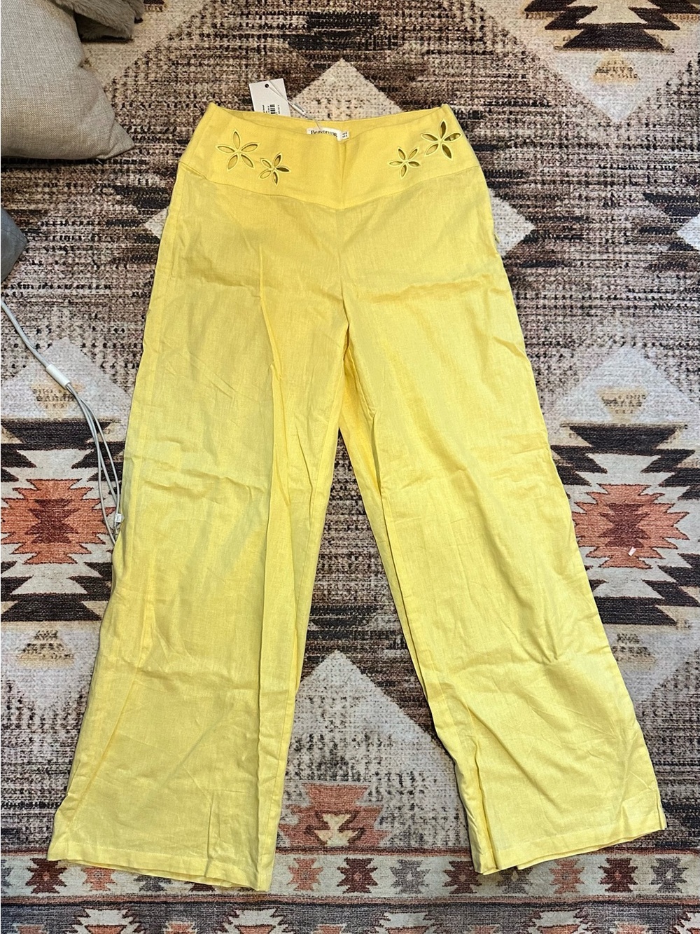 New Beginnings Boutique Women's Yellow Wide-Leg Pants with Floral Cutouts
